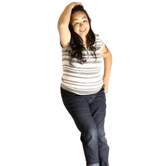 SPANNER WOMENS SIZE LARGE GREY & WHITE STRIPE ZIPPER SHIRT - Picture 4 of 4